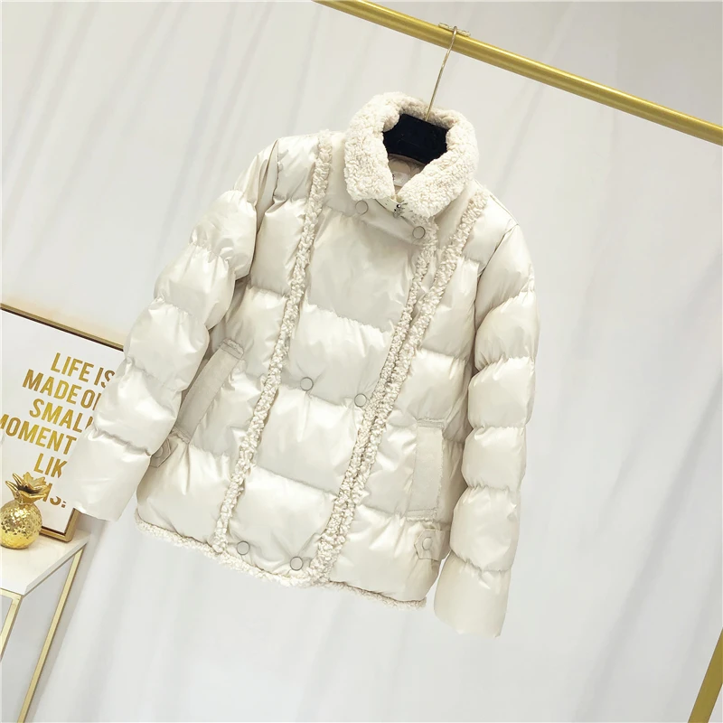 off white Осенне-зимняя хлопковая куртка, пальто, женская Теплая стеганая куртка с отворотом, женская короткая верхняя одежда большого размера - Цвет: off white