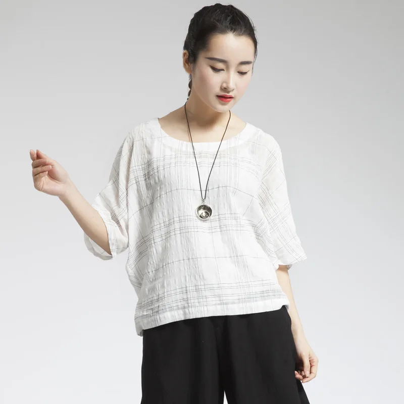 Женская клетчатая футболка XITAO белая свободная с круглым вырезом и коротким