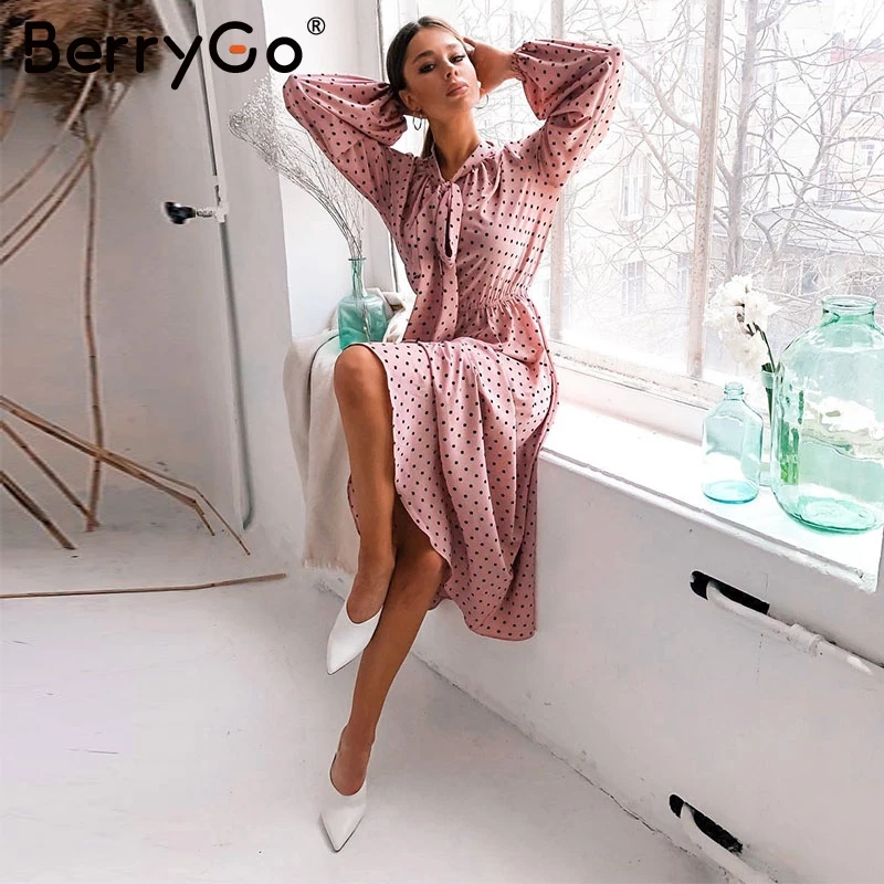 BerryGo элегантный в горошек с бантом длинное платье для женщин винтажные
