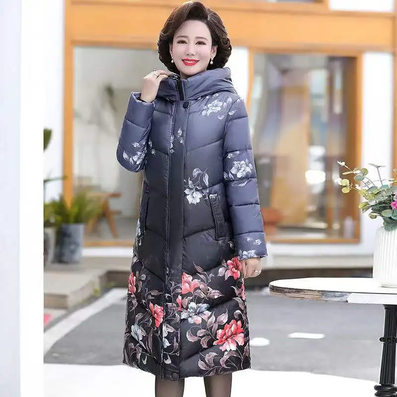 2021 New Winter Fashion Long Middle-aged elderly thick cotton clothing Women Loose Warm Jackets Ladies Printed Hooded Overcoats