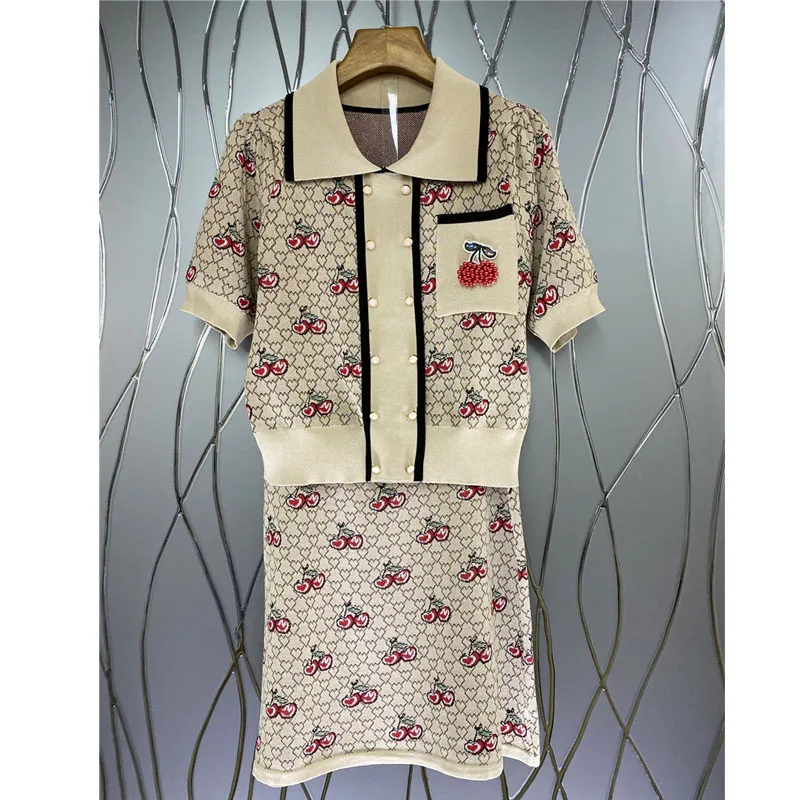 

She Beaty Knitted Sweater Two Pieces Sets Women Turn-Down Collar Cherry Beading Short Sleeve Pullovers Clothes Suit Outfits Ropa
