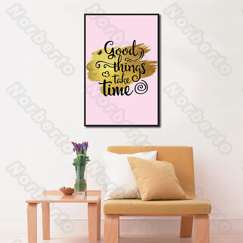 

Modern Canvas Painting Wall Poster Pink Landscape European Building Rose Buds Words On Good Things for Home Rooms Decoration