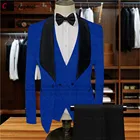 Роскошные жаккардовые черные мужские костюмы, облегающий свадебный смокинг для жениха и шали, под заказ, с отворотом, королевский синий пиджак, жилет, брюки, 3 шт.