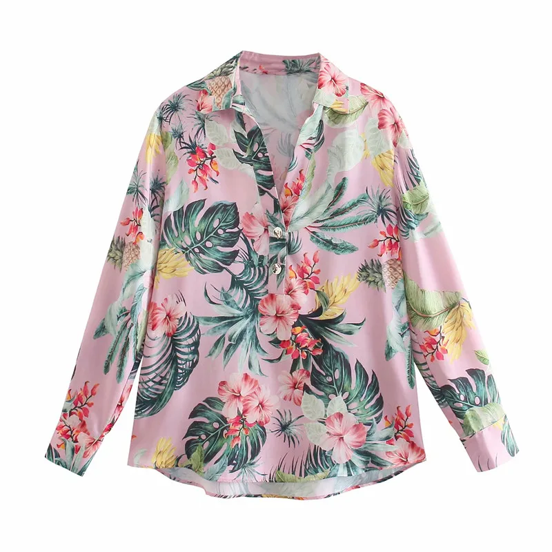 

Za 2021 Tropical Print Shirt Women Long Sleeve Asymmetric Summer Shirts Woman Fashion Button Up Vintage Blouse Casual Top