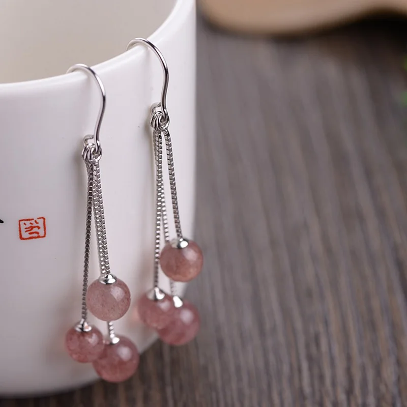 Женские серьги кисточки с бусинами из серебра 925 пробы натуральным клубничным