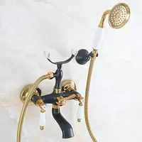 Polished Gold & Black Oil Rubbed Brass Wall Mount Bathroom Tub Faucet Set WITH/ 1.5M Handheld Shower Spray Head Mixer Tap Dna576