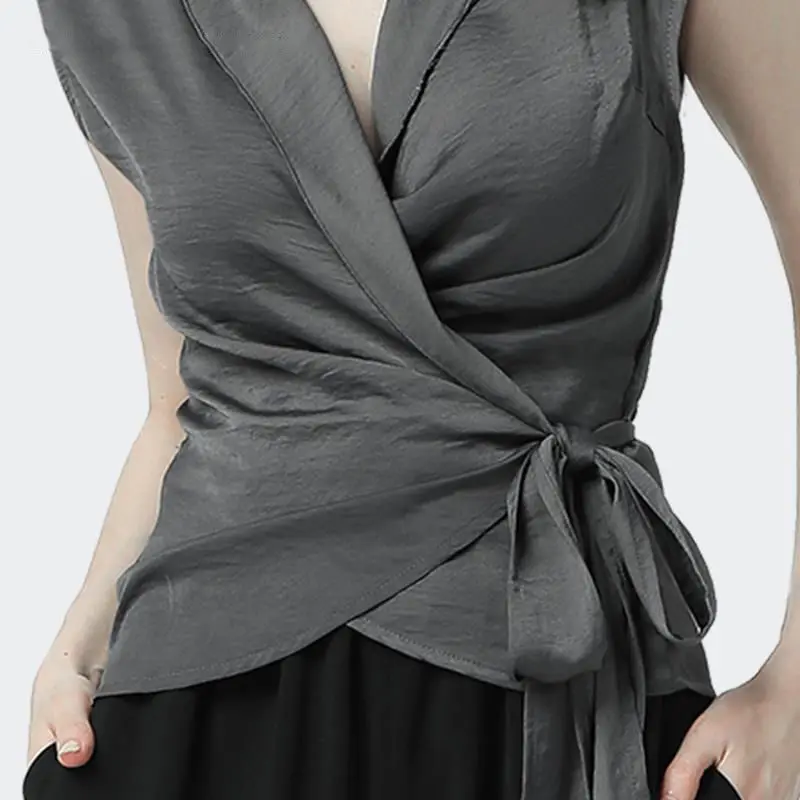 

Summer Elegant Vest Women's Lace Up Chiffon Top Bow Tie Tie Black Top Waist Cross 2021 Fashion