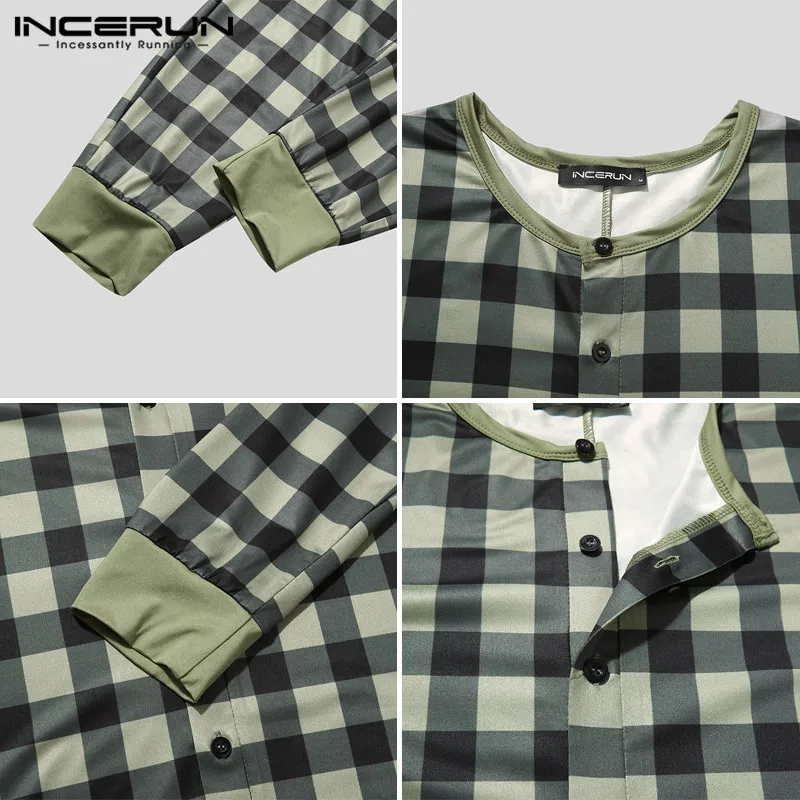 

Men Plaid Pajamas Jumpsuits Homewear O Neck Long Sleeve Fitness Cozy Button Rompers Men Leisure Sleepwear Overalls S-5XL INCERUN