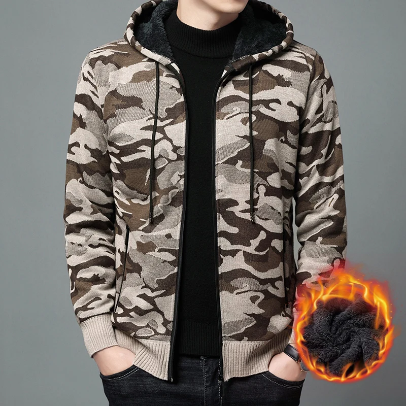 

New Knitted Imitation Marten Coat Men 's Fleece Fit Hooded Camouflage Cardigan Jacket Hoodie Thickened Cotton Padded Coat