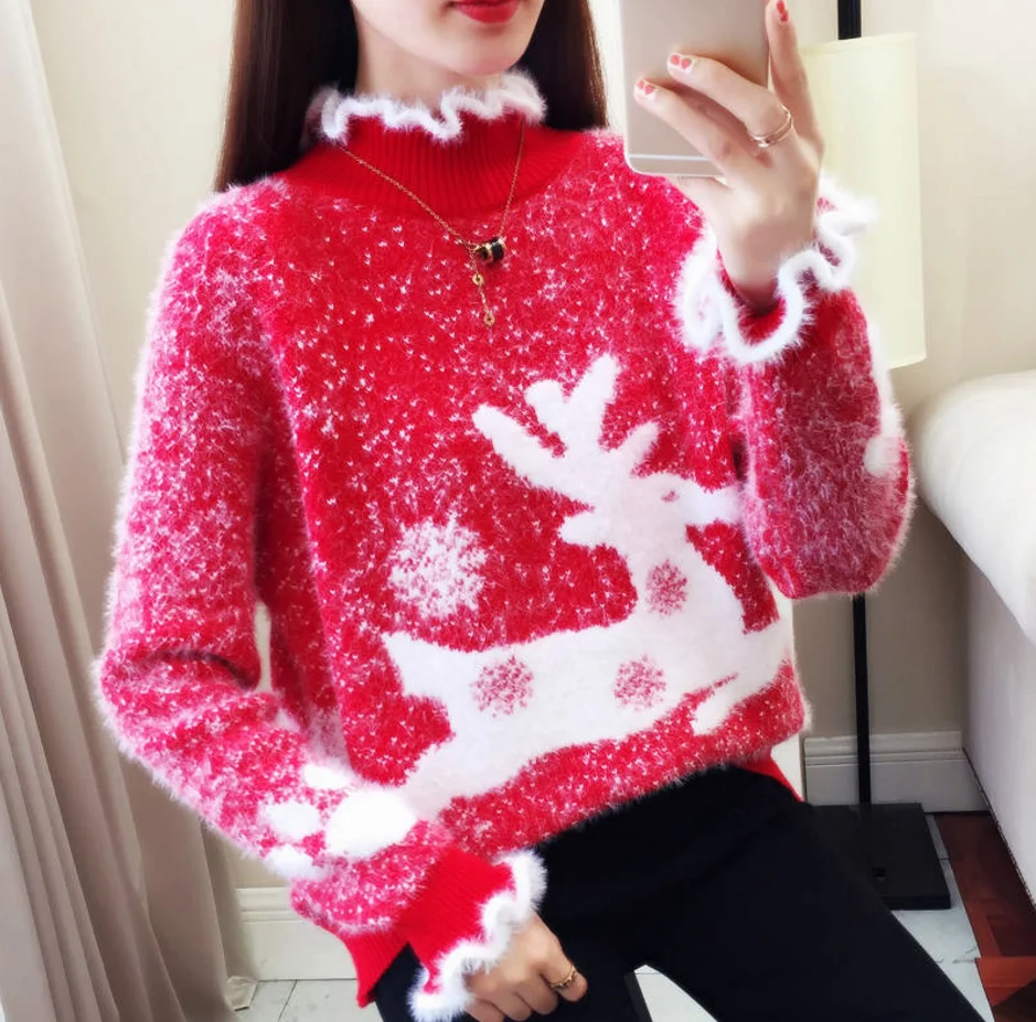 Женский свитер с воротником-хомутом из искусственного меха норки толстые теплые