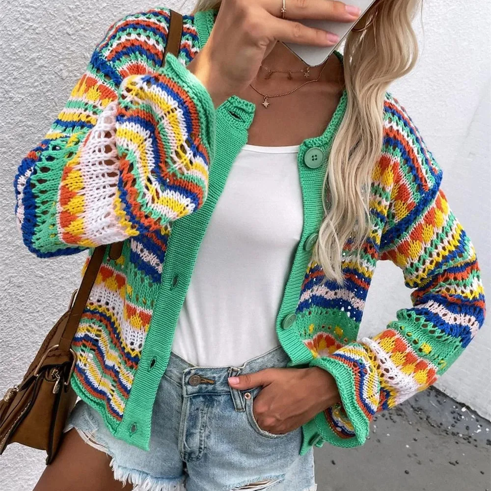 

Women Sweater Autumn Vintage French Style Print Short Knitted Sweaters Chic Lady Fashion Single Breasted Loose Cardigans Femme