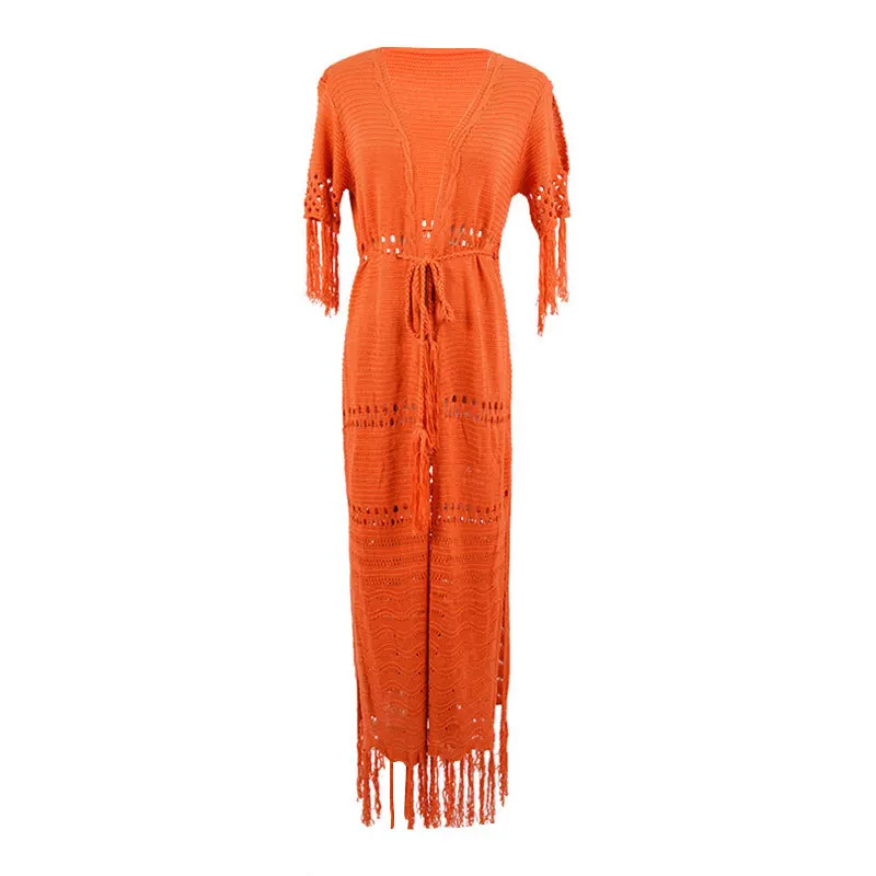Fringed knit cardigan tie braid belt long beach jacket swimsuit coverall sun protection clothing women mesh cover up beach dress