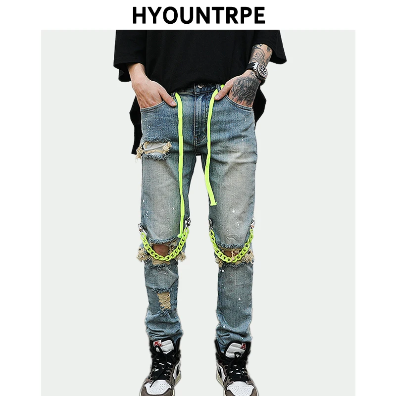 High Street Knee Hole with Chain Ripped Biker Jeans Mens Slim Fit Denim Pants Autumn New Streetwear Casual Hip Hop Pants Joggers