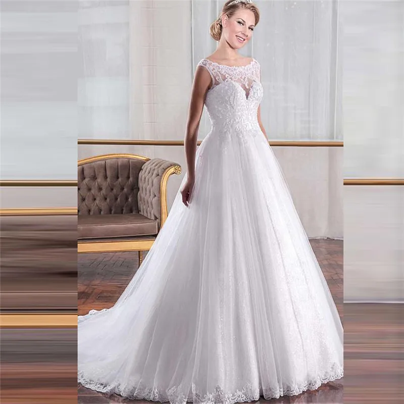 

Кружевное свадебное платье с круглым вырезом и аппликацией для женщин, свадебные платья на пуговицах, 2021, скромное, изготовленное на заказ