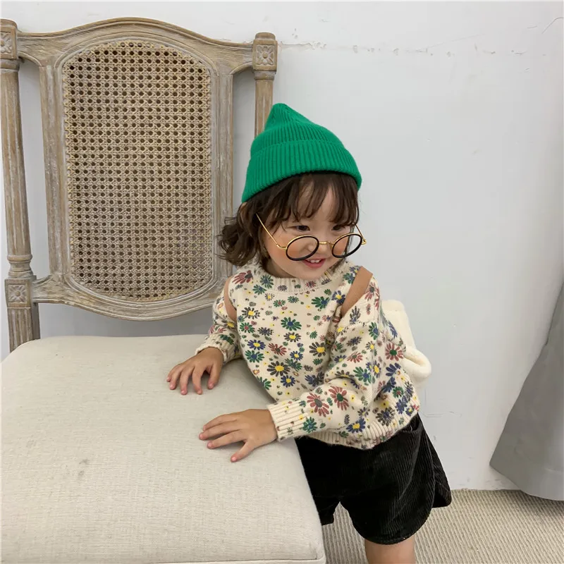 Осенняя модная одежда для девочек красочные маргаритки теплые свитера маленьких