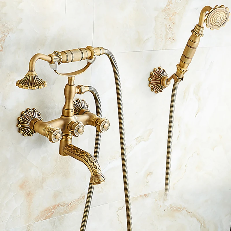 Антикварные латунные Резные Смесители Для ванны и душа набор с двойными ручками