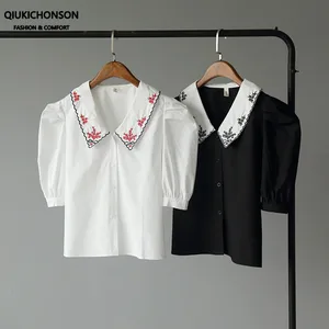 Корейская милая блузка Qiukichonson с пышными рукавами, женские топы, летняя винтажная белая рубашка с вышитым воротником контрастных цветов для женщин