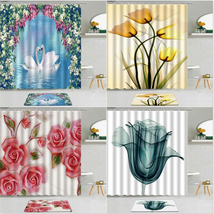 

2Pcs Floral Plant White Swan Lake Shower Curtain Watercolor Flower Sunflower Butterfly Non-Slip Bath Mat Bathroom Curtains Set