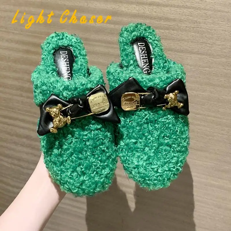 2021 New Fashion Women Casual Slippers Floor Slipper Short Plush Fleece Flat Black Lady Indoor Slippers Winter Women's Slippers
