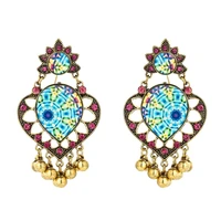 golden alloy heart shaped vintage drop earrings for women color flower pattern rhinestone metal beads tassel indian jewelry gift