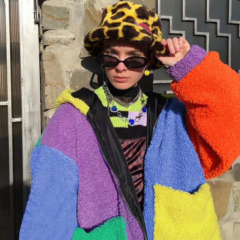 

Women Long Sleeve Fuzzy Plush Hoodie Jacket Colorful Patchwork Loose Tunic Coat BX0B