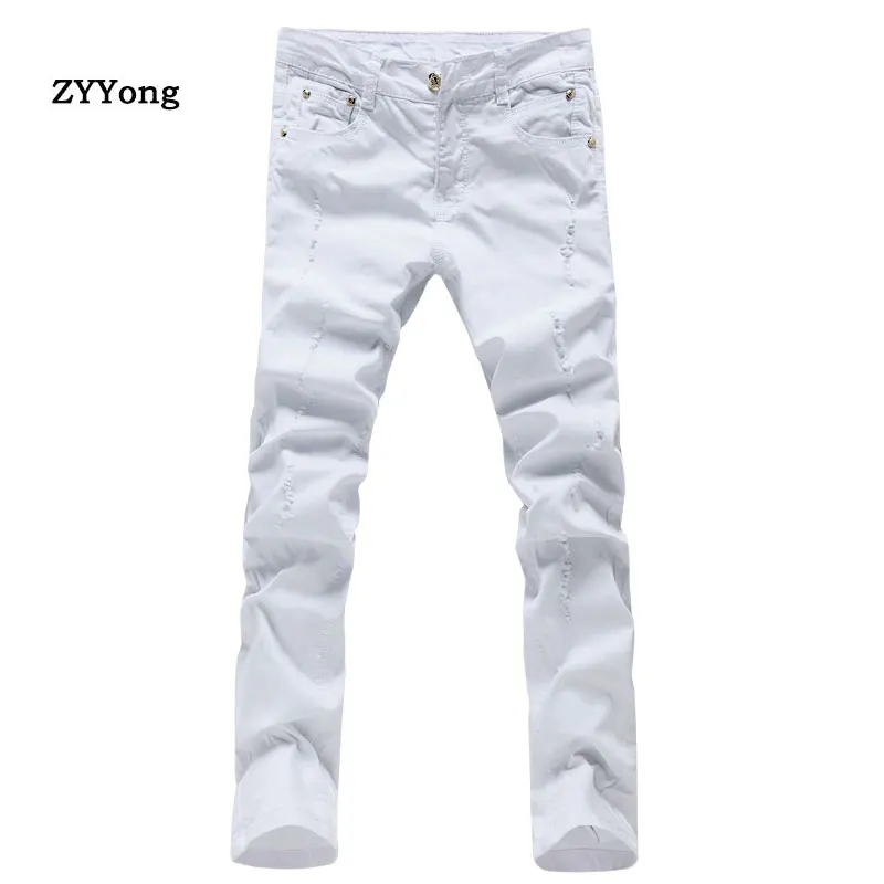 Spring and Summer Men Hole White Jeans Fashion Casual Classic Style Slim Fit Soft Trousers Male Brand Advanced Stretch Pants