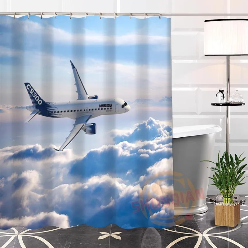 100% полиэстер на заказ популярный самолет #1 Ткань современная занавеска для душа
