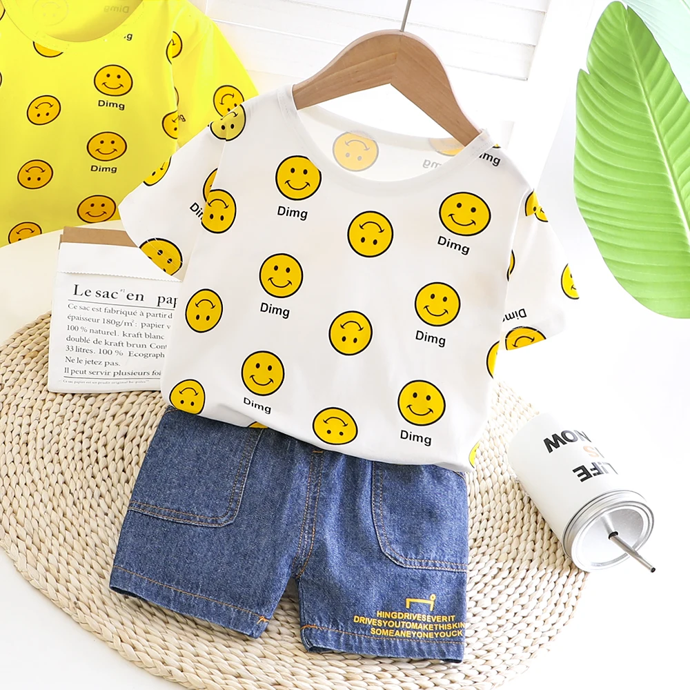 Одежда для мальчиков и девочек Футболка со смайликом синяя короткая одежда детей