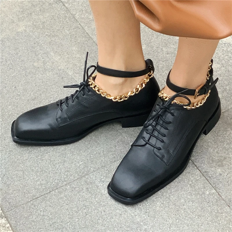 

Fashion Casual British Style Women's Single Shoes Genuine Leather Metal Chain Female Loafers Spring Autumn New Lace Ladies Shoes