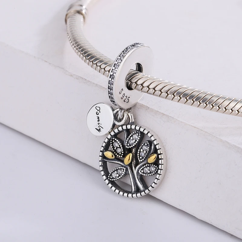 

925 Sterling Silver Sparkling CZ Transparent Zircon Family Tree Dangle Charm Bracelet DIY Jewelry Making For Original Pandora
