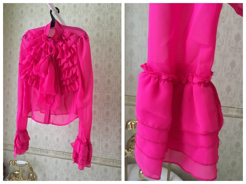 Женская блузка с оборками однотонная розовая длинным рукавом Офисная элегантная