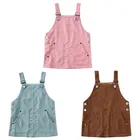 Весеннее вельветовое платье для девочек, винтажное вечерние платье без рукавов, с пуговицами и карманами, Повседневный Сарафан одноцветные подтяжки, От 1 до 5 лет