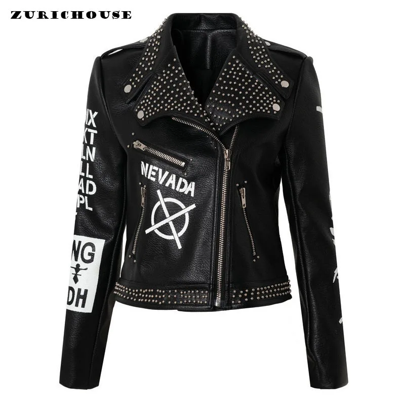 

ZURICHOUSE Streetwear Letter Print Black PU Leather Jacket Women Plus Size Slim Short Punk Style Rivet Locomotive Coat