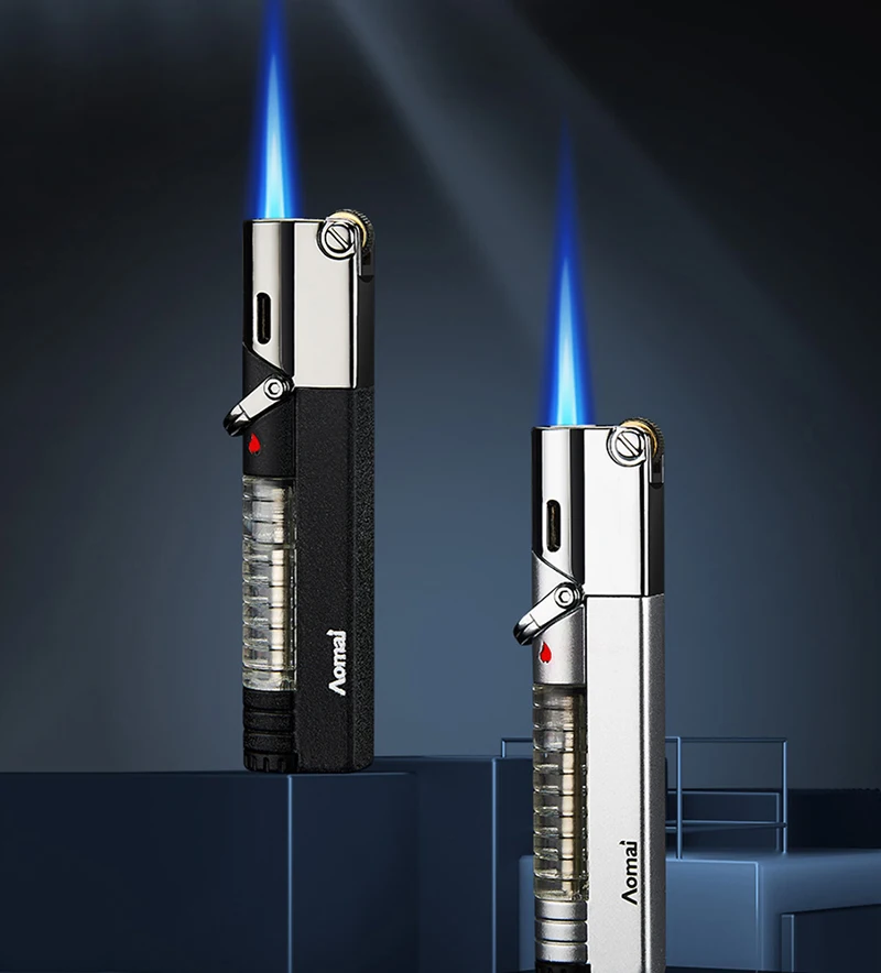 Креативная газовая зажигалка непродуваемая металлическая мини с синим пламенем