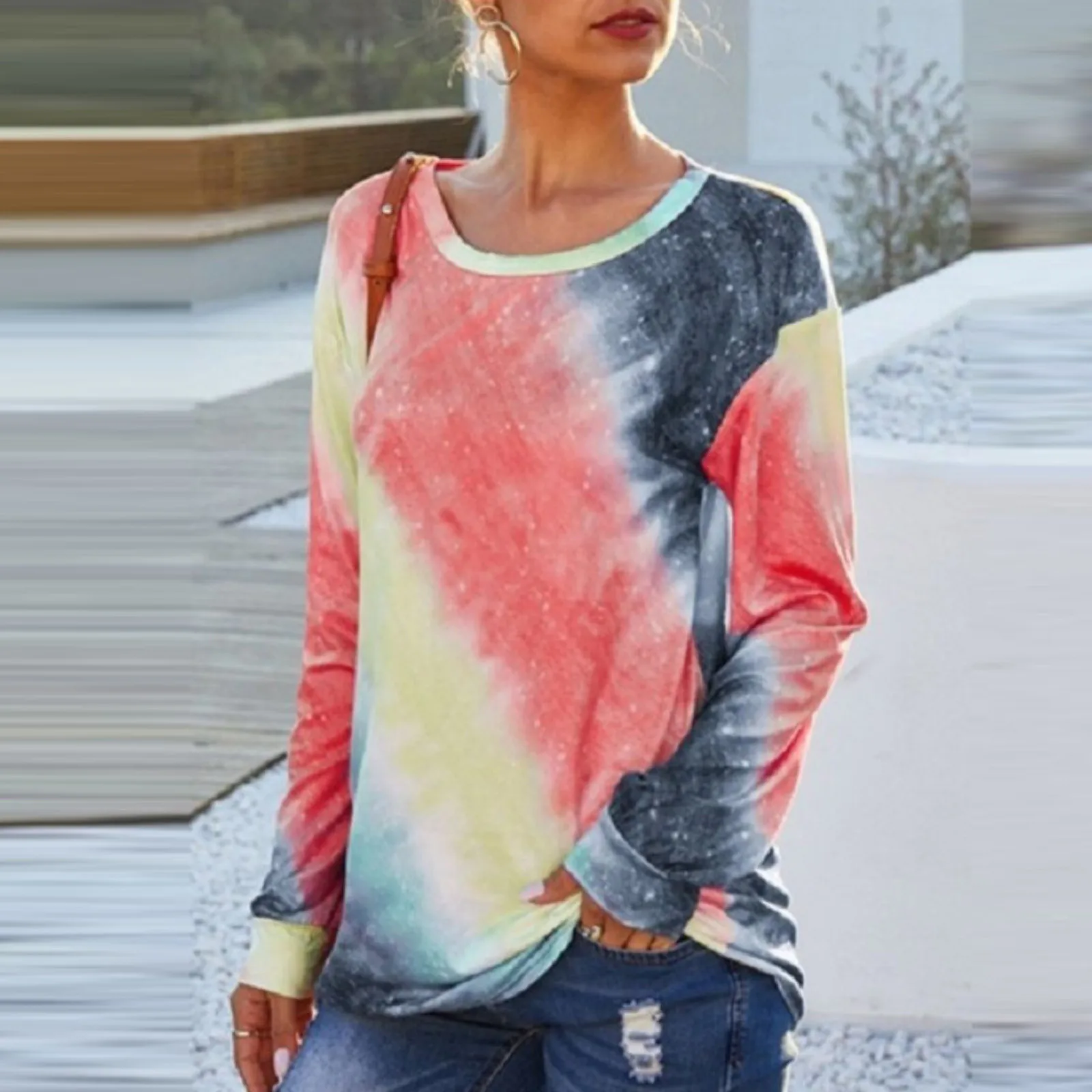 Женские Модные женские футболки, пуловер с круглым вырезом, повседневный Свободный Топ в радужную полоску с принтом, женская одежда