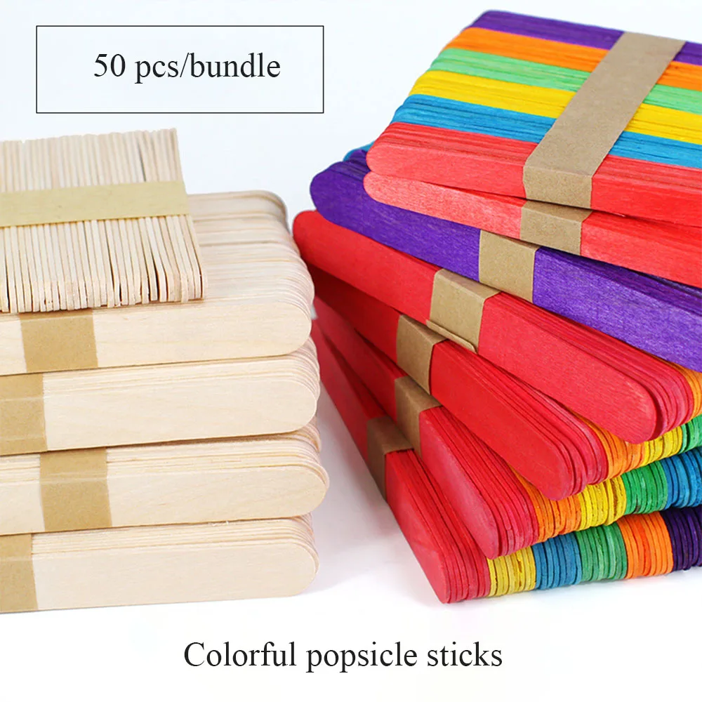 50pcs Colorful Hand Crafts DIY Wooden Sticks Popsicle Mold Ice Cream Sticks Art Creative Educational Toys For Children Kids Baby