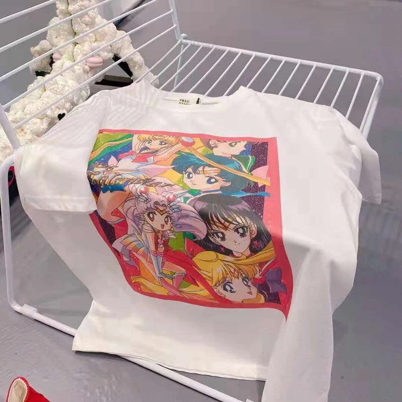 

Sailor Moon Short Sleeve T-Shirts Women Summer Kawaii Print Oversize Tees Top Beading Fashion Streetwear Women'S Clothing 2021