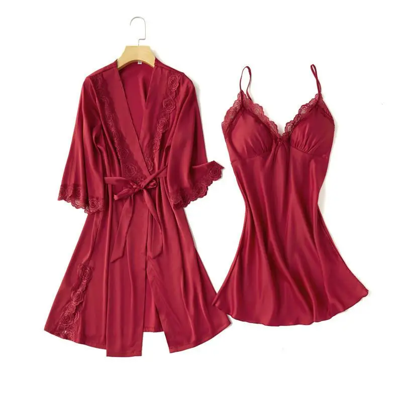 

Summer Twinset Robe Set Women Lace Wedding Robe Set SatinSilky 2PCS Sleepwear Female Casual Kimono Gown Solid Home Clothing