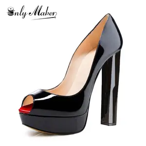 Onlymaker Platform Peep Toe High Heel Slip On Pumps Comfort Chunky High Heels Pumps Party Red Black Large Size Plus Size  Pumps