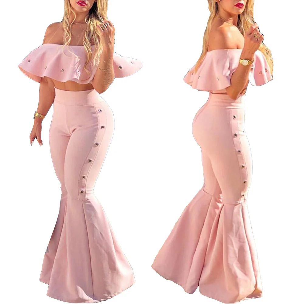 

Summer women's fashion sexy one shoulder lotus leaf steam eye jacket + lotus leaf splicing pants