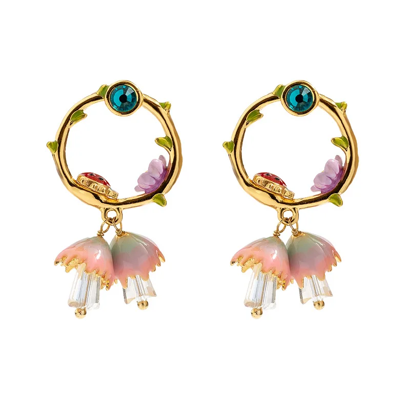 

New hand painted enamel glaze girl heart ins earrings flowers earrings fairy elegant super 925 tremella