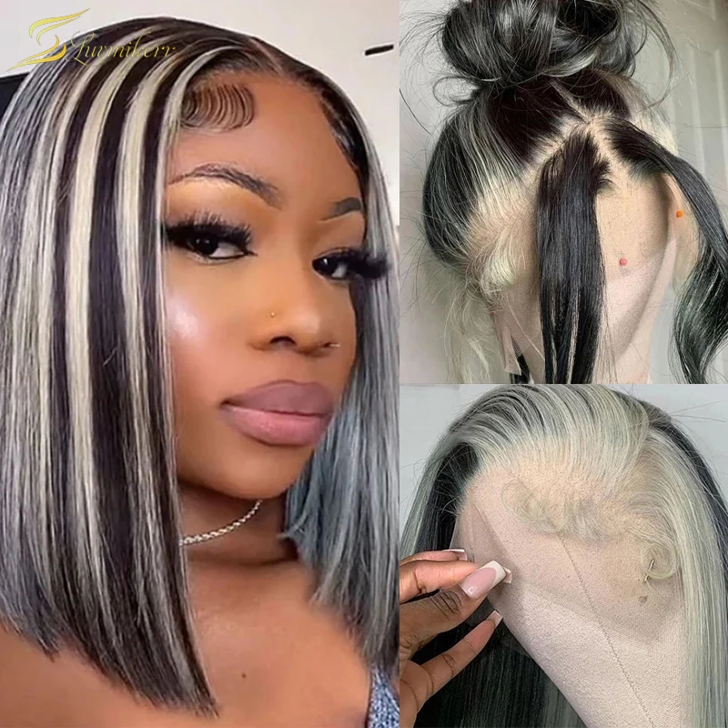 

Серая выделенная кружевная Передняя al-Парик HD короткие прямые кружевные передние парики боб человеческий цвет 613 блонд бразильский парик О...