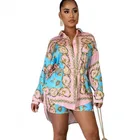 2 Piece Sets 2020 New African Print Elastic Bazin Baggy Shorts Rock Style Dashiki Long SLeeve Suit For Women Shirt And Shorts