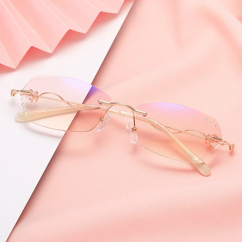 Diamond Cutting Alloy Rimless Women Ladies Pink Gradient Reading Glasses +1 +1.5 +2 +2.5 +3 Rhinestone Metal Rimless Anti Blue