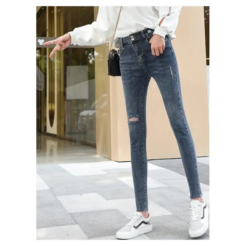 

Tight jeans new female in autumn high waist, cultivate one's morality show thin elastic foot hole in nine points pencil pants