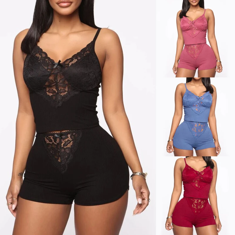 

Summer Women's Pajamas Lace Stitching Perspective Bow Sexy Pajamas 2pcs Tops+Pants Lady Sexy Pajamas