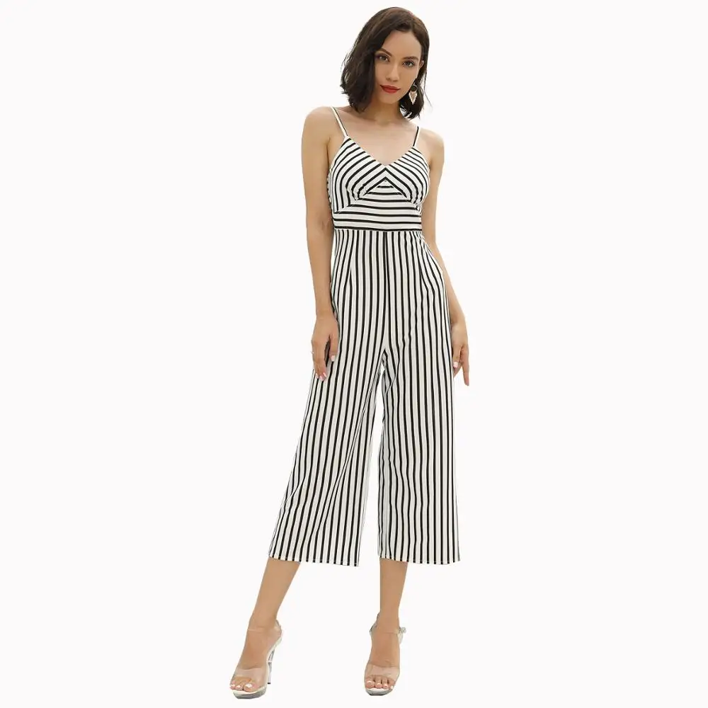 European and American women's wear, stripe design, suspender jumpsuit, casual wide-leg pants