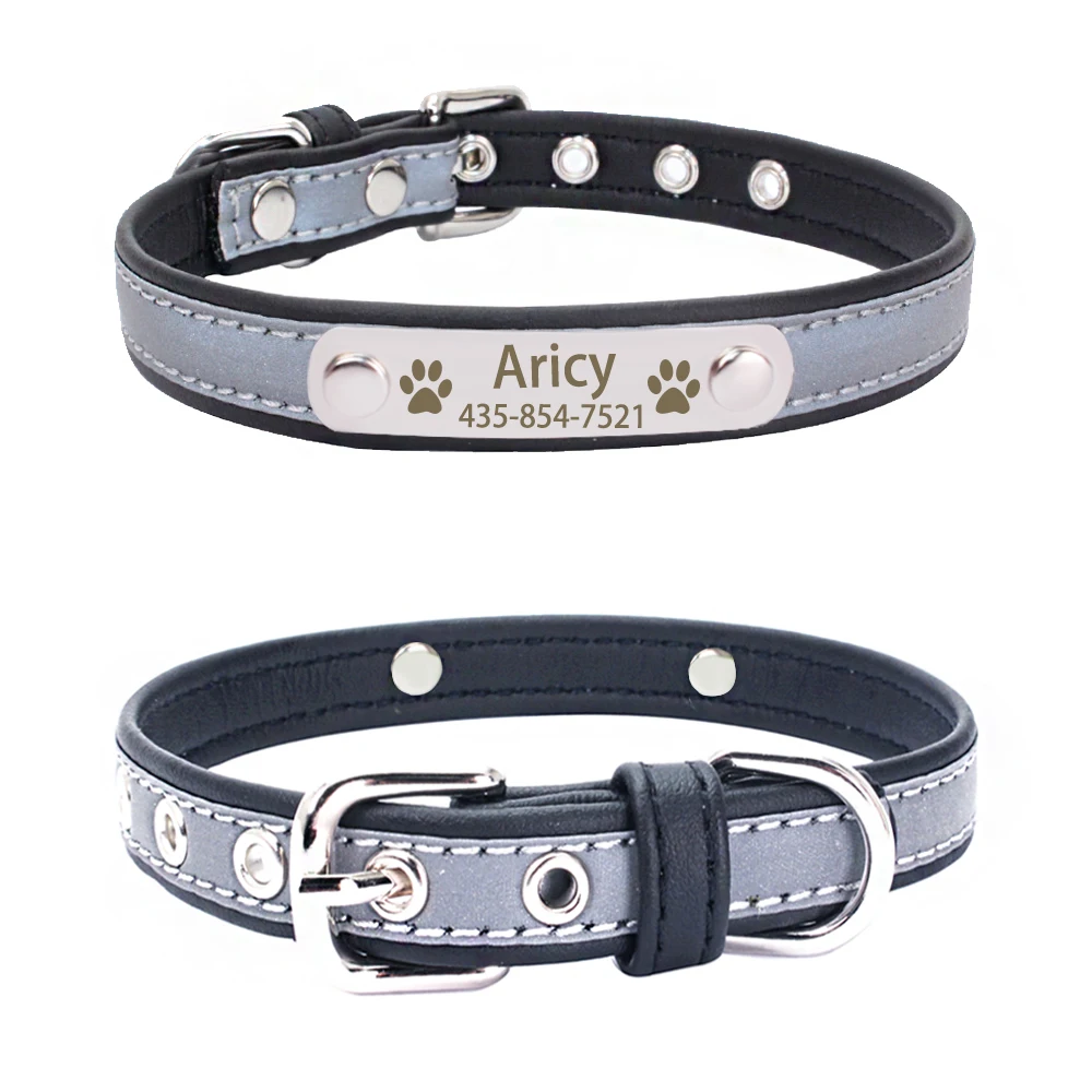 Именной ошейник для собак кожаный светоотражающий аксессуар питомца именная