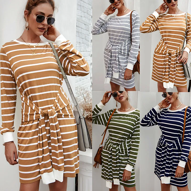 

HOXIXIB Autumn Winter Knitting Dress Slim Long Sleeve Fashion Triped Print O Neck A Line Casual Mini Loose Street Women Dresses