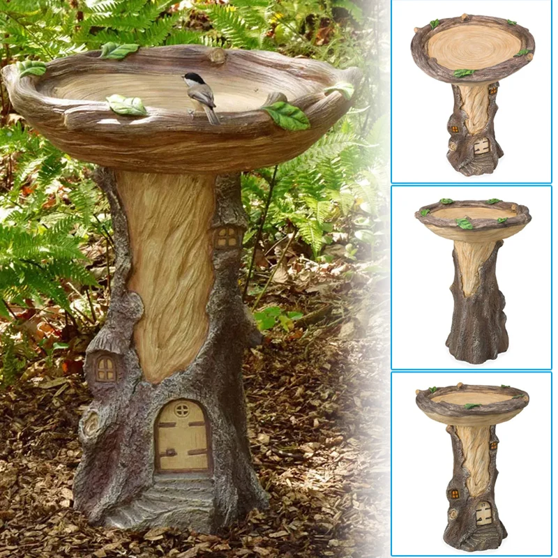 

Hot Full-Size Fairy Garden Birdbath with Miniature Fairy House in A Tree Stump Hand-Painted All-Weather Wood-Look Resin FQ-ing